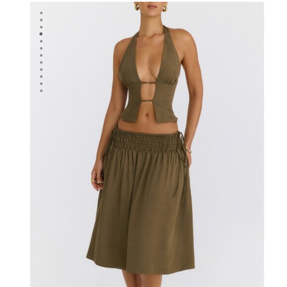 Mistress Rocks Olive Shirred Waist Midi Skirt Set - Picture 3 of 8